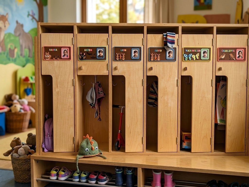 Kita-Garderobe mit Foto-Namensschildern an jedem Fach
