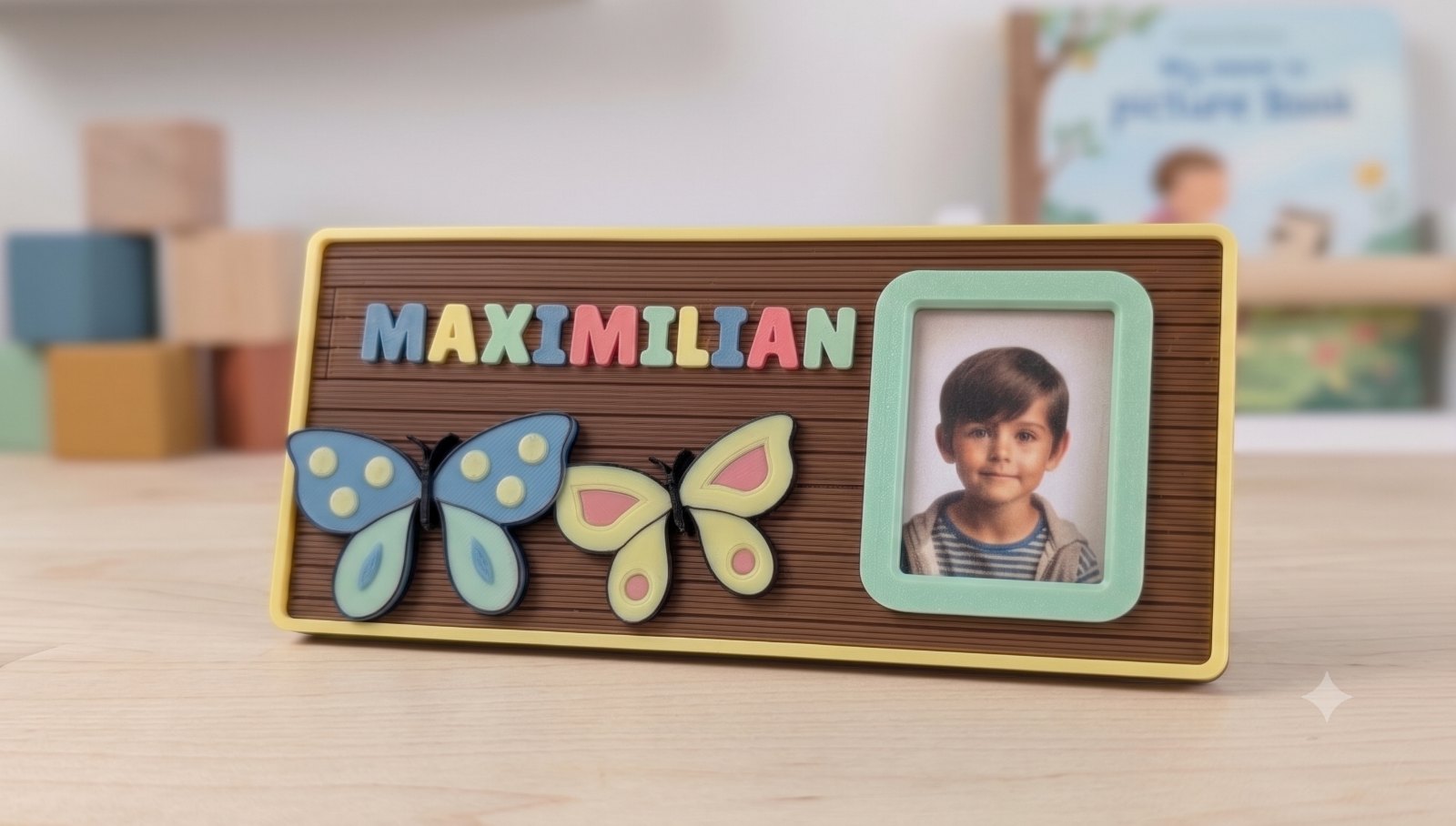 3D-gedrucktes Namensschild mit Schmetterlings-Motiv, gestecktem Namen und Foto